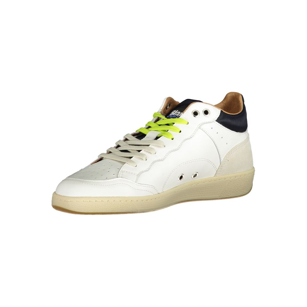 Blauer White Leather Men Sneaker with contrasting details and lime green laces for urban style and comfort.