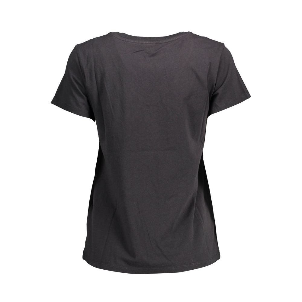 Back view of Levi's Black Cotton Women T-Shirt, short sleeves, V-neck, made from organic cotton, versatile black, chic and sustainable fashion.