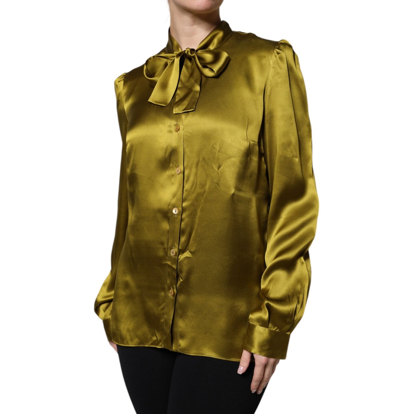 Dolce & Gabbana Green Ascot Collar Long Sleeves Blouse Top