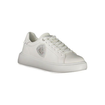 Blauer White Leather Women Sneaker with silver rhinestone accents and removable insole, featuring Blauer logo for sporty urban fashion.