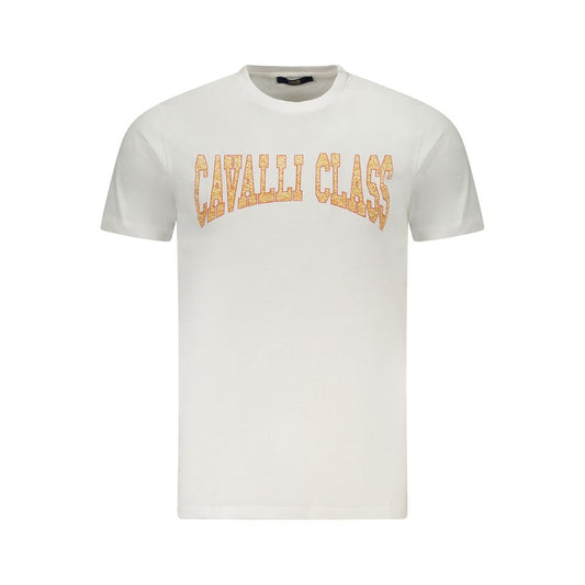 Cavalli Class White Cotton Men T-Shirt with bold logo print and designer flair in pure cotton.