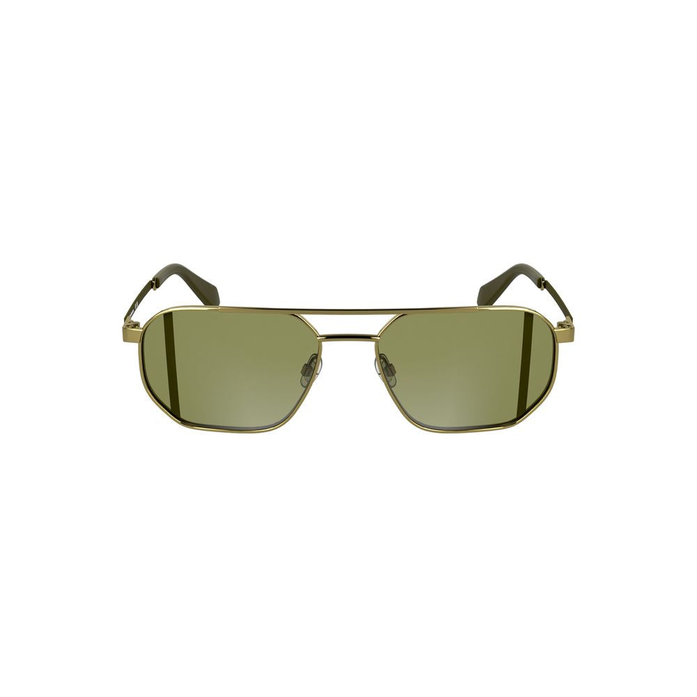 Calvin Klein Gold Metal Men Sunglass with square green lenses and sleek metal frame, featuring subtle luxury logo, front view.