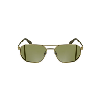 Calvin Klein Gold Metal Men Sunglass with square green lenses and sleek metal frame, featuring subtle luxury logo, front view.