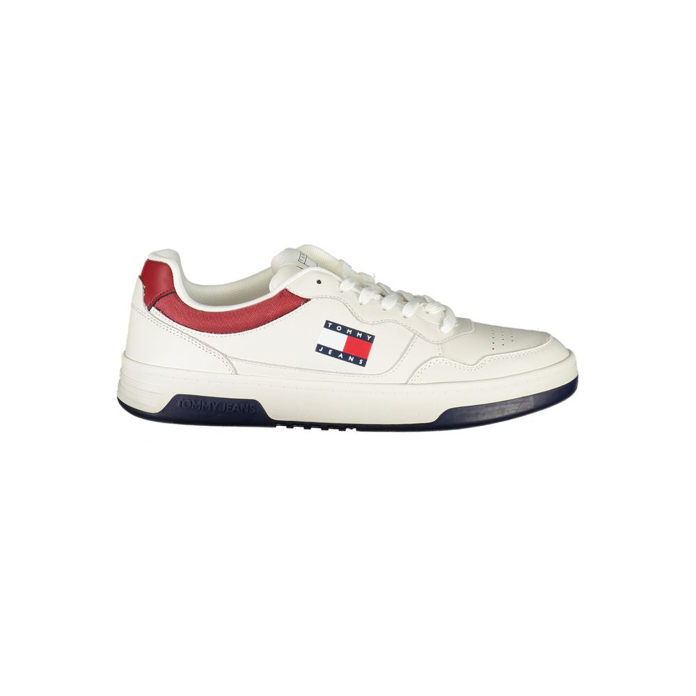Tommy Hilfiger White Leather Men Sneaker with iconic logo, contrasting details, and plush insole for stylish comfort.
