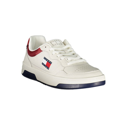 Tommy Hilfiger White Leather Men Sneaker with red and blue accents, featuring logo, removable insole, sporty chic design.