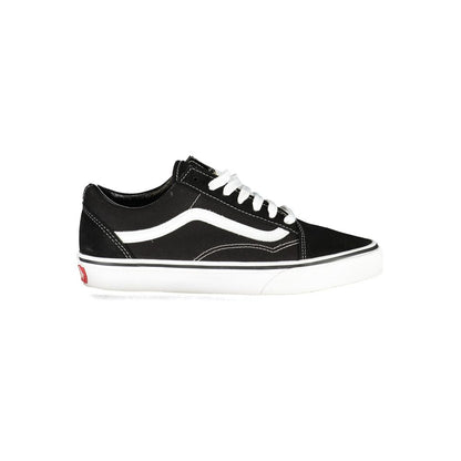 Vans Black Leather Men Sneaker featuring signature side stripe in a sleek black and white design.