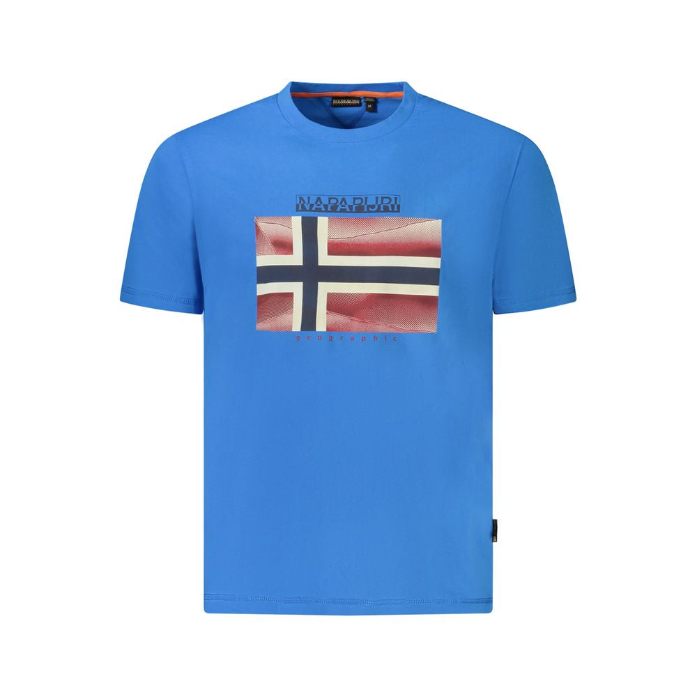 Napapijri Blue Cotton Men T-Shirt with logo and print, relaxed-fit, short sleeves, crew neck, 100% organic cotton.