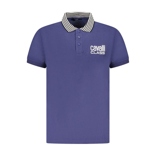 Cavalli Class Blue Cotton Men Polo Shirt featuring short sleeves, contrasting collar, and iconic logo; premium cotton for stylish comfort.