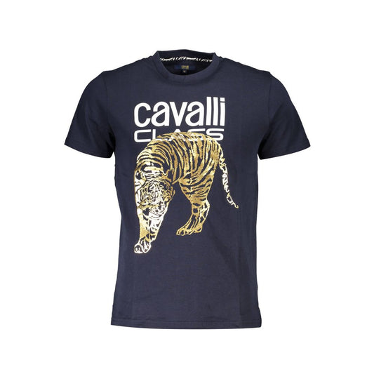 Cavalli Class Blue Cotton Men T-Shirt with bold print and signature logo, showcasing luxurious Italian design, crew neck and short sleeves.