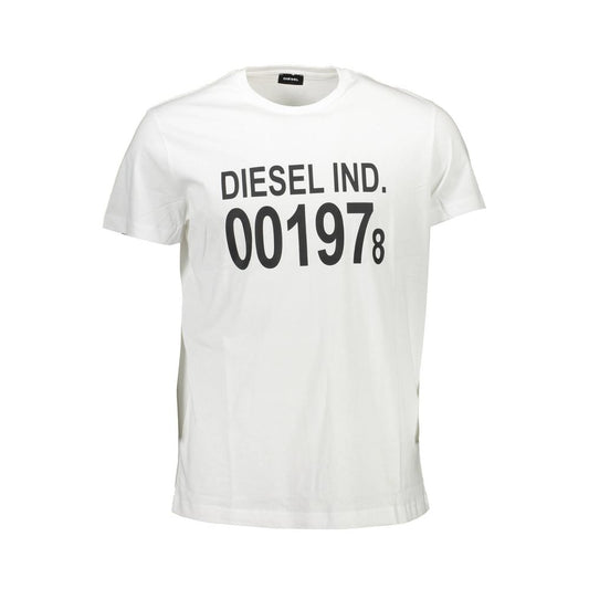 Alt Tag: Diesel White Cotton Men T-Shirt with bold print, showcasing edgy style and comfort, perfect for a statement casual wardrobe.