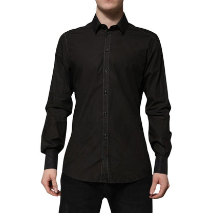 Dolce & Gabbana Black Cotton Jacquard GOLD Collar Dress Shirt