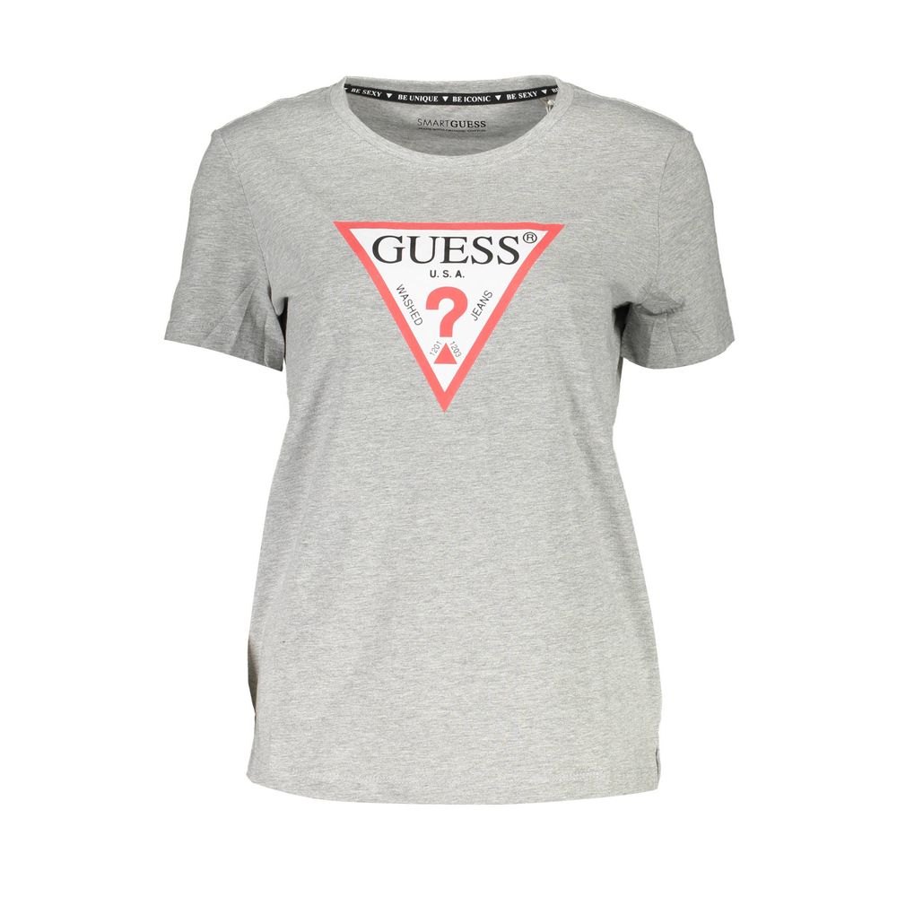 Guess Jeans Gray Cotton Women T-Shirt with red logo print, featuring a crew neck design for chic and comfortable everyday style.