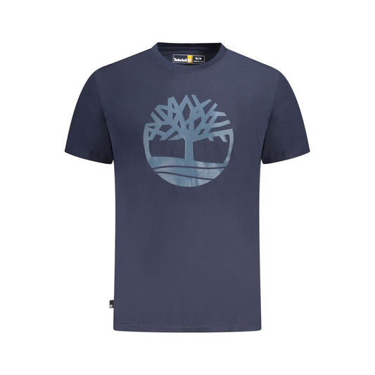 Timberland Blue Cotton T-Shirt featuring short sleeves, crew neck, and logo print design