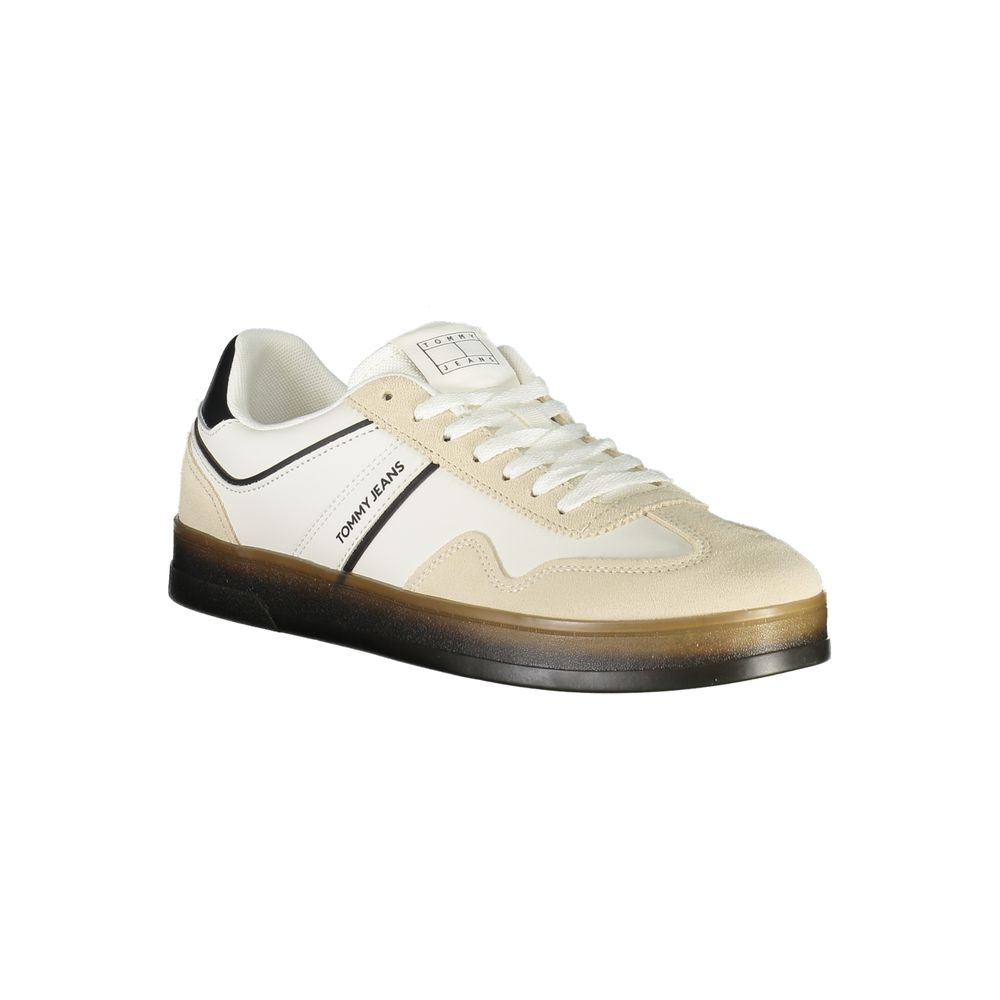 Tommy Hilfiger White Leather Men Sneaker with black accents and logo, showcasing modern design and removable footbeds for comfort.