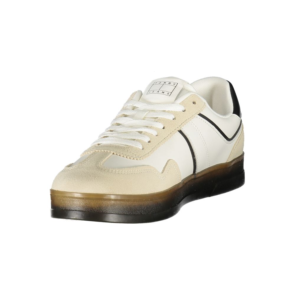 Tommy Hilfiger White Leather Men Sneaker with black accents and removable footbeds, stylish and modern design.
