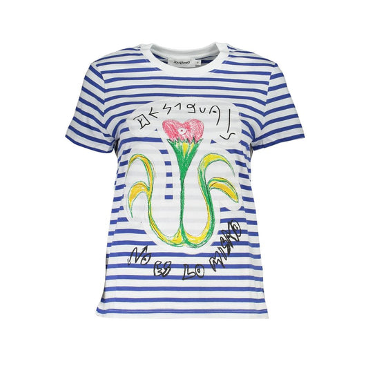 Desigual Blue Cotton Women T-Shirt with artistic print and striped pattern.