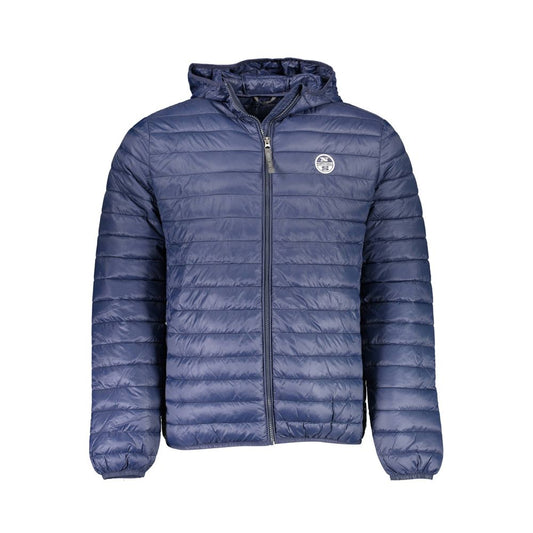 North Sails Blue Polyamide Men Jacket with hood, durable and stylish outerwear, featuring zip closure and multiple pockets.