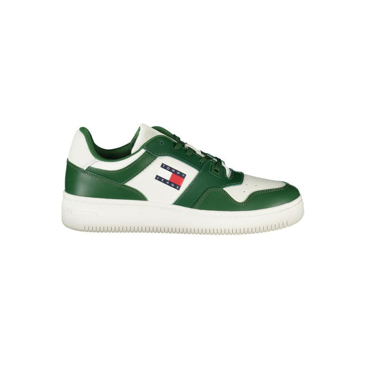 Tommy Hilfiger Green Leather Men Sneaker with iconic logo and removable insole, featuring a striking green and white design.