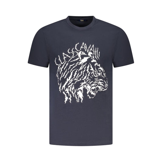 Cavalli Class Blue Cotton Men T-Shirt with graphic print and logo, modern luxury fashion, crew neck, short sleeves, stylish men's wear