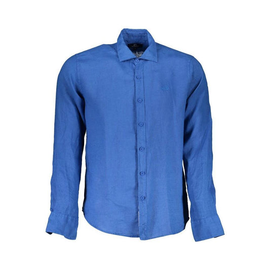 La Martina Blue Linen Men Shirt LA-37063-M