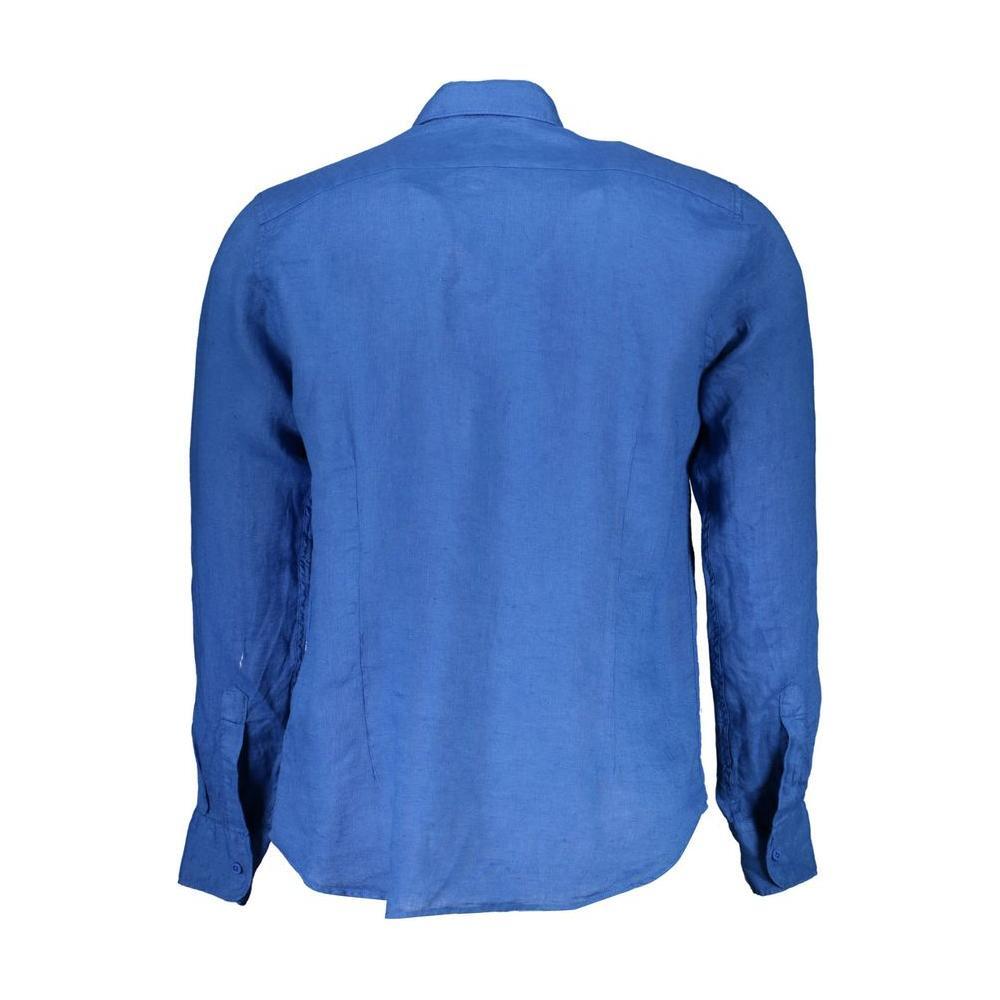 La Martina Blue Linen Men Shirt LA-37063-M