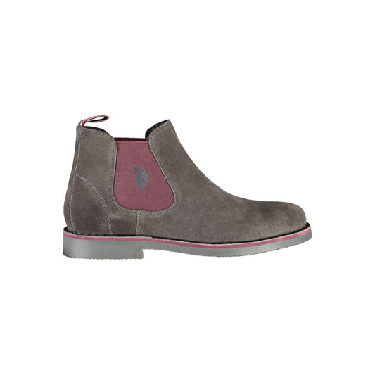 U.S. POLO ASSN. Gray Leather Mens Ankle Boot with elastic panels and iconic logo, featuring a sleek silhouette for style and comfort.