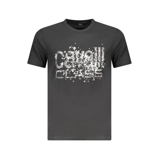 Cavalli Class Black Cotton Men T-Shirt with logo and print design on front, perfect blend of style and quality