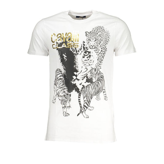 Cavalli Class White Cotton T-Shirt with crew neck and short sleeves, featuring a striking animal print and Cavalli logo design.