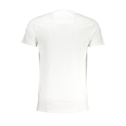 Back view of Cavalli Class White Cotton T-Shirt with short sleeves, crew neck, and logo print design.