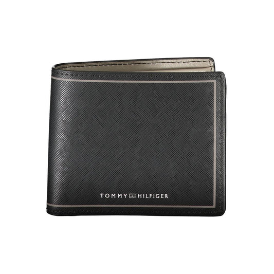 Tommy Hilfiger Black Leather Wallet with contrast details, card slots, coin purse, and two compartments.