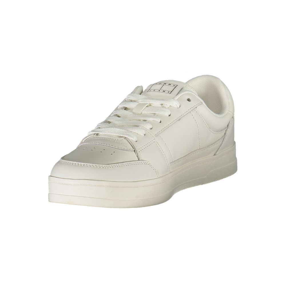 Tommy Hilfiger White Leather Men Sneaker with sleek design and bold details, featuring a removable insole for personalized comfort.