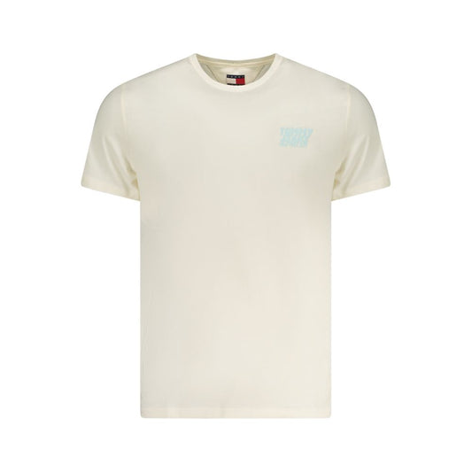 Tommy Hilfiger Beige Cotton Men T-Shirt with short sleeves and crew neck, featuring iconic logo, made of regenerative cotton for sustainable fashion.