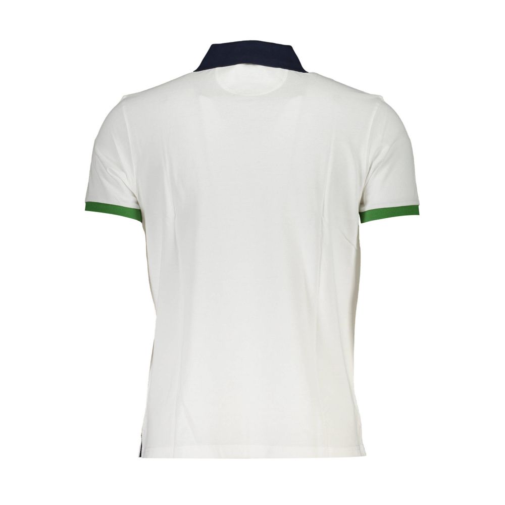 La Martina White Cotton Men Polo Shirt with contrasting green sleeves and navy collar, showcasing a back view for casual sophistication.