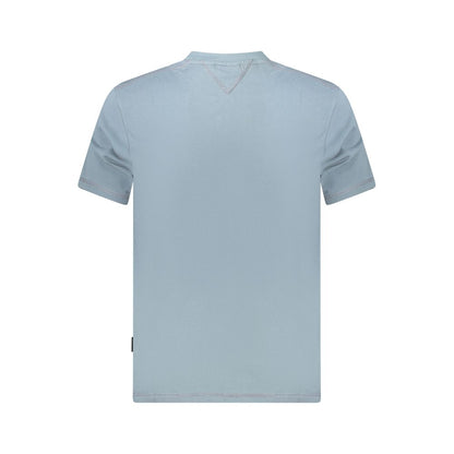 Back view of a light blue short sleeve men's T-shirt on a plain background.
