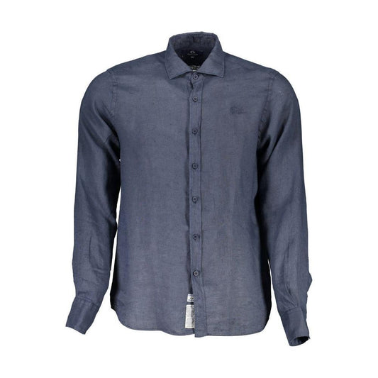 La Martina Blue Linen Men Shirt LA-37578-S