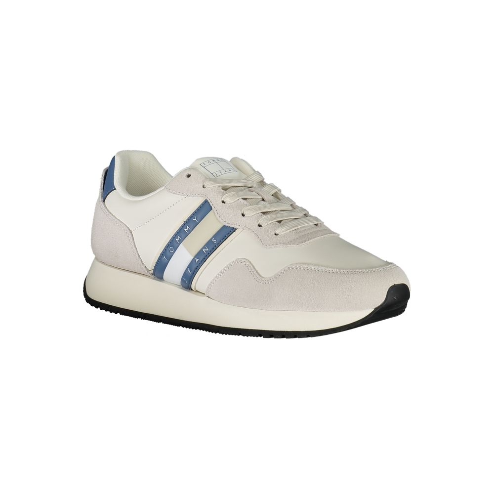 Tommy Hilfiger White Leather Men Sneaker with blue accents, featuring a removable insole and iconic logo, perfect for casual style.