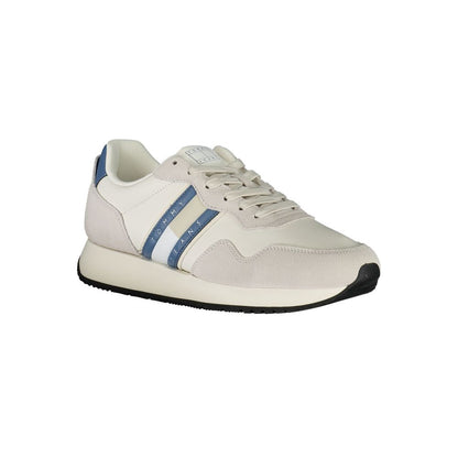 Tommy Hilfiger White Leather Men Sneaker with blue accents, featuring a removable insole and iconic logo, perfect for casual style.