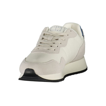 Tommy Hilfiger White Leather Men Sneaker with blue accents, featuring removable insole and branding for style and comfort.