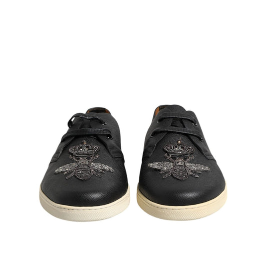 Dolce & Gabbana Black Leather Bee Crown Low Top Sneakers Shoes MV7320-42