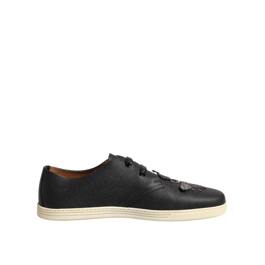 Dolce & Gabbana Black Leather Bee Crown Low Top Sneakers Shoes MV7320-42