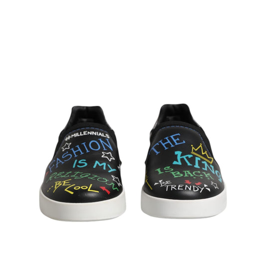 Dolce & Gabbana Black Leather Studded Graffiti Sneakers Shoes MV7322-40
