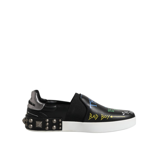 Dolce & Gabbana Black Leather Studded Graffiti Sneakers Shoes MV7322-40