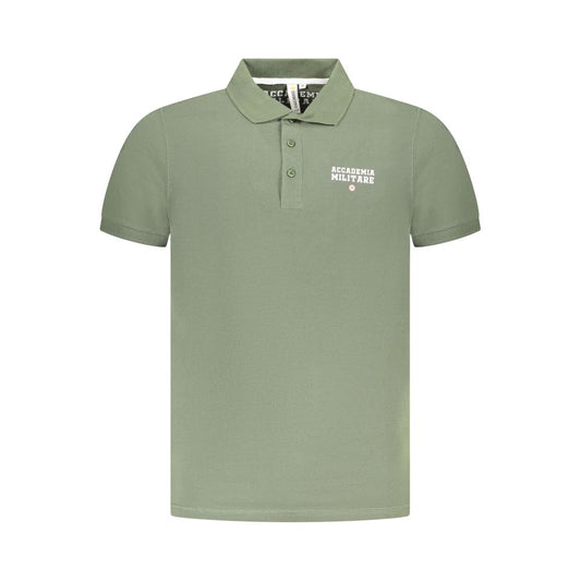 Accademia Militare Green Cotton Polo Shirt with short sleeve, 3 buttons, logo, and print design.