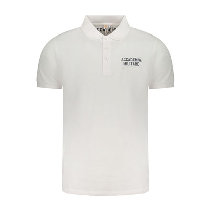 Alt Tag: Accademia Militare White Cotton Polo Shirt with short sleeves, contrast print, and logo design, featuring 3 buttons.