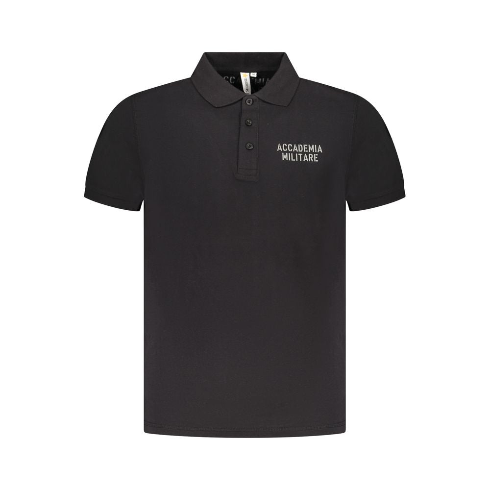 Accademia Militare Black Cotton Polo Shirt with short sleeves, 3 buttons, and logo print. Ideal for a stylish, casual look.