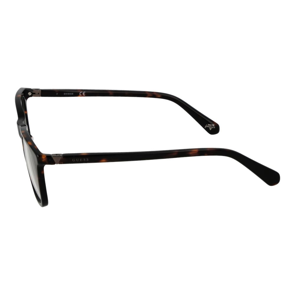 Side view of Guess Brown Unisex Glasses Frame in acetate with full-rim design. Square style, featuring a branded case.
