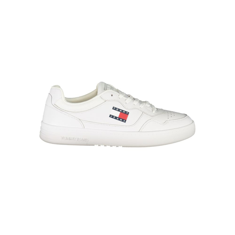 Tommy Hilfiger White Leather Mens Sneaker featuring brand logo on side with sporty design and removable footbed for comfort.