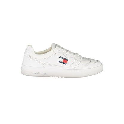 Tommy Hilfiger White Leather Mens Sneaker featuring brand logo on side with sporty design and removable footbed for comfort.