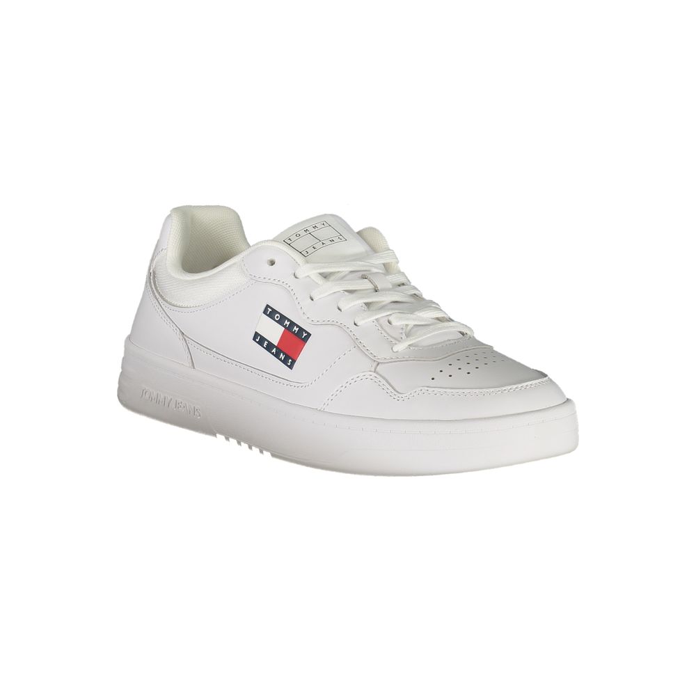 Tommy Hilfiger White Leather Mens Sneaker with signature logo, showcasing sporty aesthetics and sleek design.