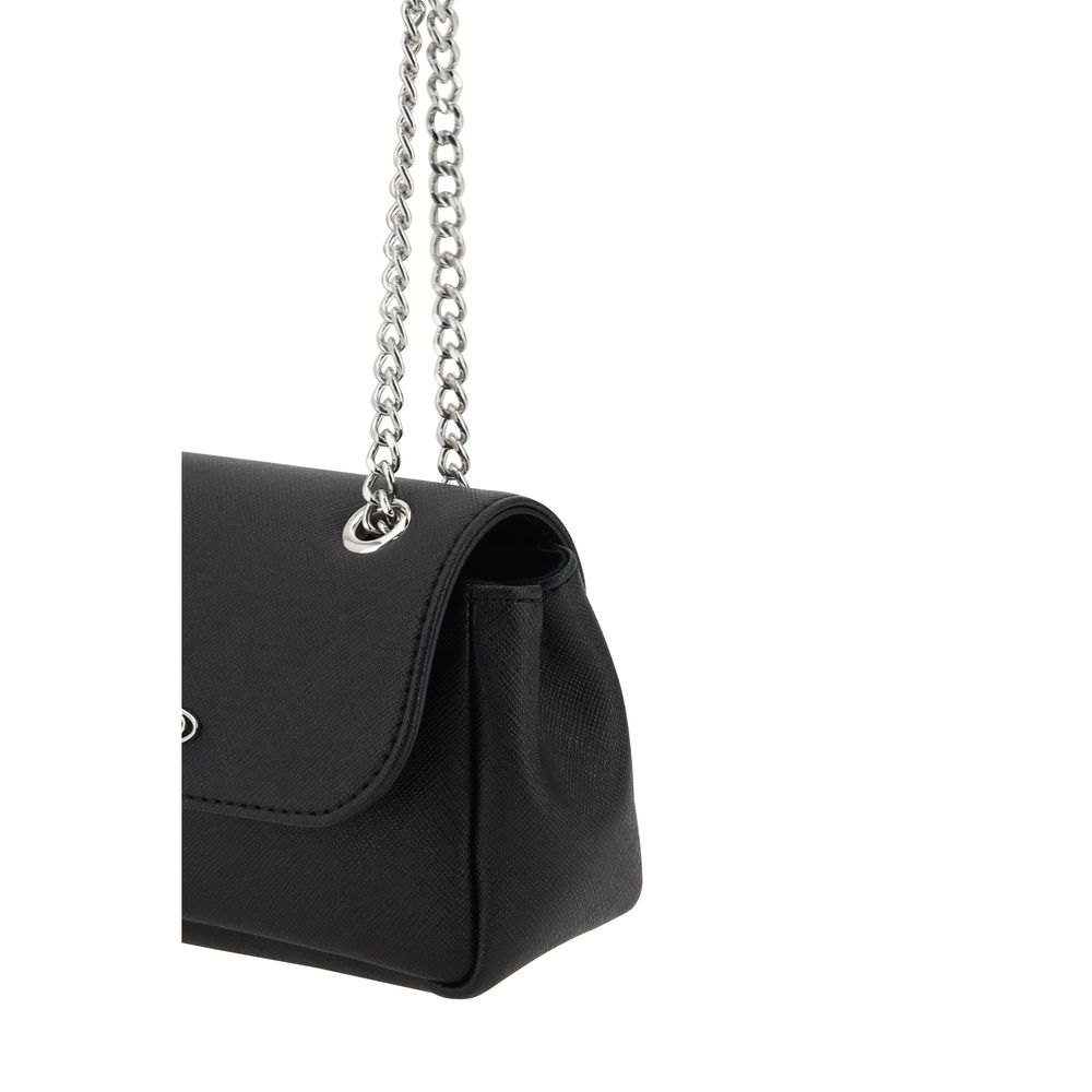 Vivienne Westwood Black Polyethylene Shoulder Bag with chain strap, featuring iconic Orb logo plaque, secure magnetic closure.